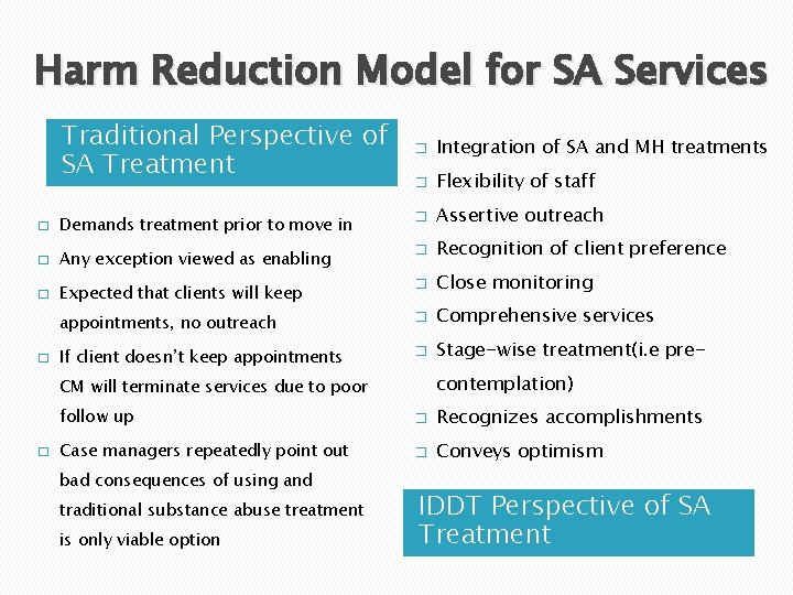 Harm Reduction Model for SA Services Traditional Perspective of SA Treatment � Integration of