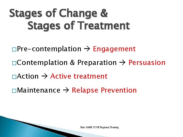 Stages of Change & Stages of Treatment � Pre-contemplation � Contemplation � Action Engagement