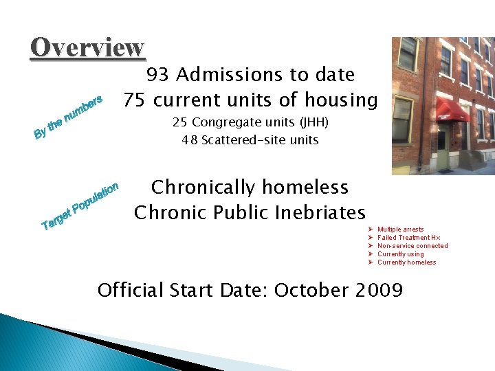 Overview 93 Admissions to date 75 current units of housing 25 Congregate units (JHH)