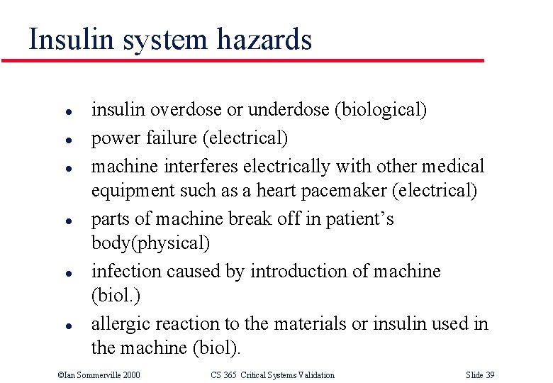 Insulin system hazards l l l insulin overdose or underdose (biological) power failure (electrical)