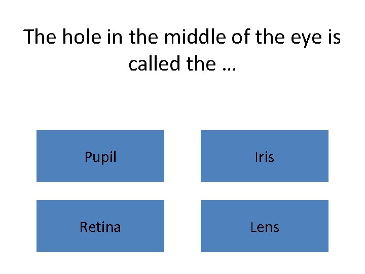 The hole in the middle of the eye is called the … Pupil Iris