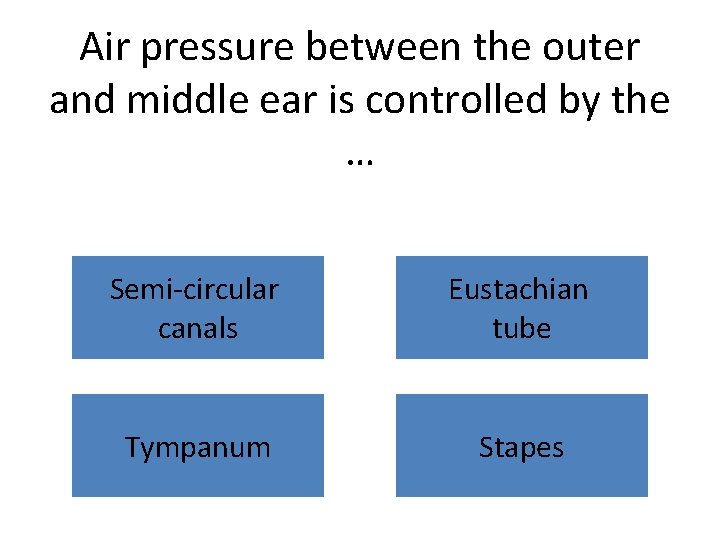 Air pressure between the outer and middle ear is controlled by the … Semi-circular
