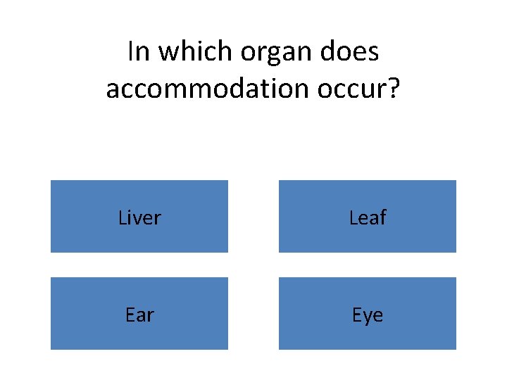 In which organ does accommodation occur? Liver Leaf Ear Eye 