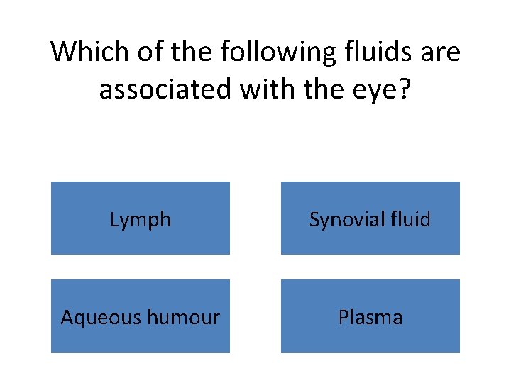 Which of the following fluids are associated with the eye? Lymph Synovial fluid Aqueous