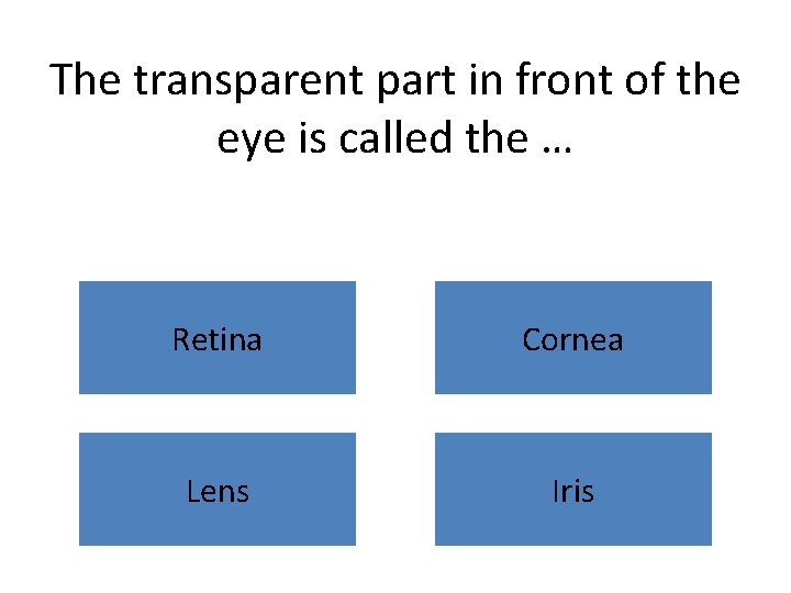The transparent part in front of the eye is called the … Retina Cornea
