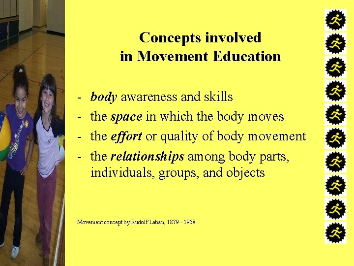 Concepts involved in Movement Education - body awareness and skills the space in which