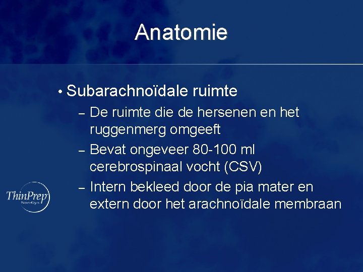 Anatomie • Subarachnoïdale ruimte – De ruimte die de hersenen en het ruggenmerg omgeeft