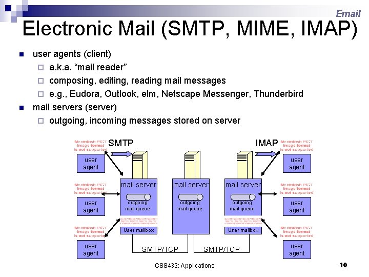 Email Electronic Mail (SMTP, MIME, IMAP) n n user agents (client) ¨ a. k.