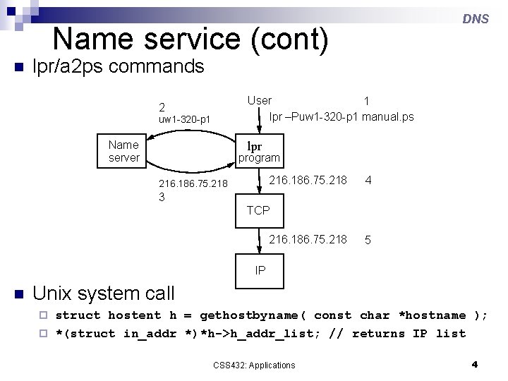 DNS Name service (cont) n lpr/a 2 ps commands User 1 lpr –Puw 1