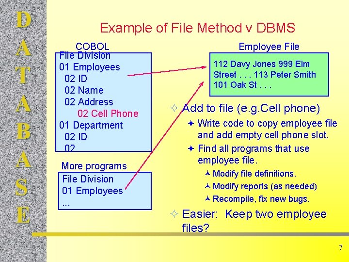 D A T A B A S E Example of File Method v DBMS