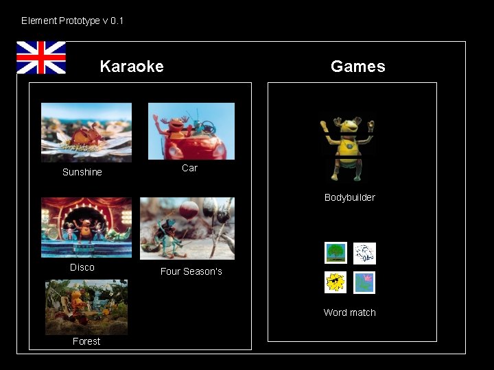Element Prototype v 0. 1 Karaoke Sunshine Games Car Bodybuilder Disco Four Season’s Word