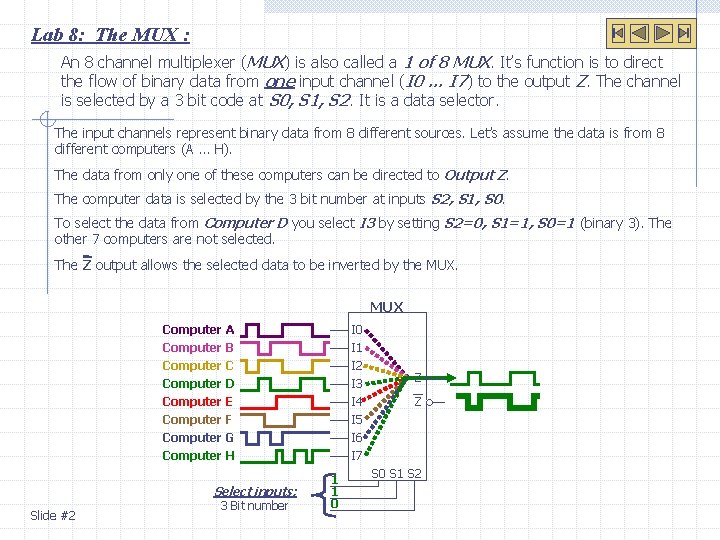 Lab 8: The MUX : An 8 channel multiplexer (MUX) is also called a