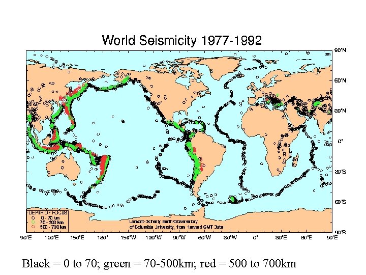 Black = 0 to 70; green = 70 -500 km; red = 500 to