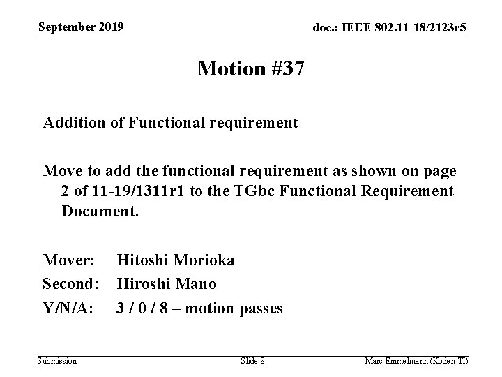 September 2019 doc. : IEEE 802. 11 -18/2123 r 5 Motion #37 Addition of