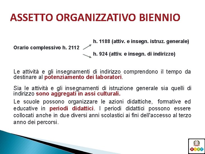 ASSETTO ORGANIZZATIVO BIENNIO h. 1188 (attiv. e insegn. istruz. generale) Orario complessivo h. 2112