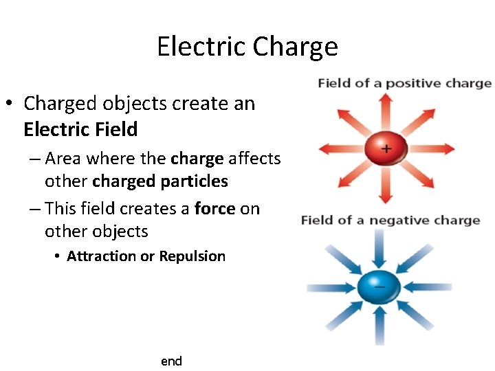 Electric Charge • Charged objects create an Electric Field – Area where the charge