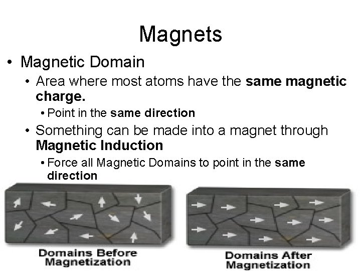 Magnets • Magnetic Domain • Area where most atoms have the same magnetic charge.