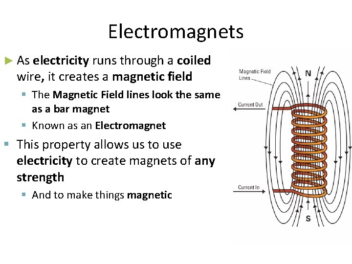 Electromagnets ► As electricity runs through a coiled wire, it creates a magnetic field