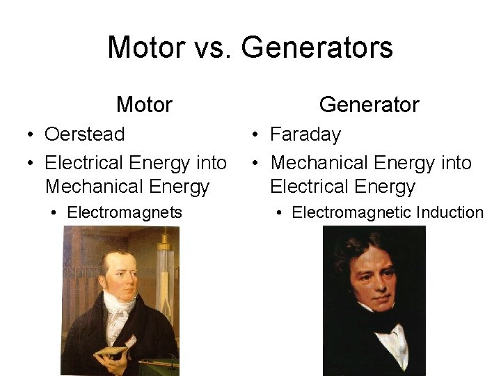 Motor vs. Generators Motor • Oerstead • Electrical Energy into Mechanical Energy Generator •