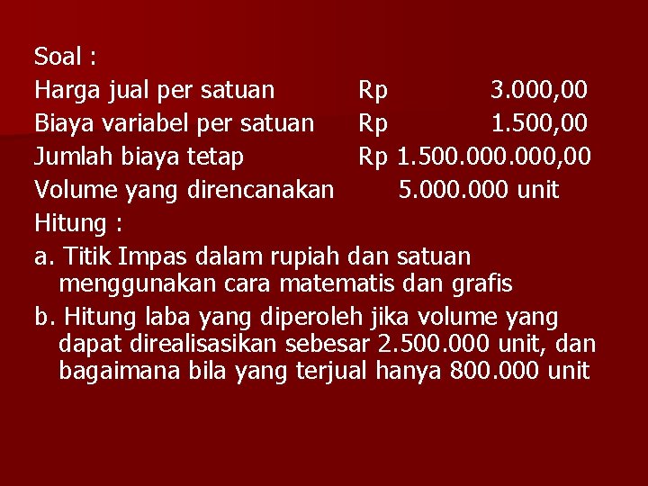 Soal : Harga jual per satuan Rp 3. 000, 00 Biaya variabel per satuan