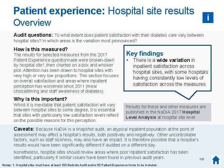 Patient experience: Hospital site results i Overview Audit questions: To what extent does patient