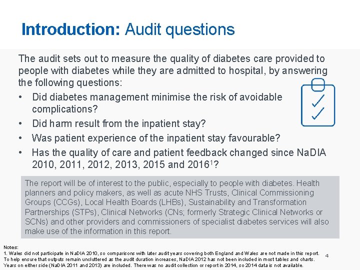 Introduction: Audit questions The audit sets out to measure the quality of diabetes care