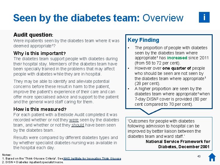 Seen by the diabetes team: Overview Audit question: Were inpatients seen by the diabetes