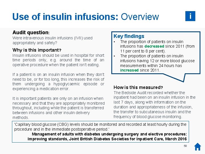 Use of insulin infusions: Overview Audit question: Were intravenous insulin infusions (IVII) used appropriately