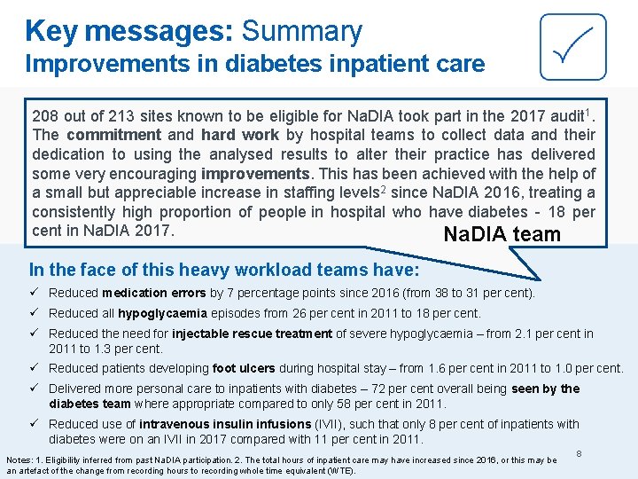 Key messages: Summary Improvements in diabetes inpatient care 208 out of 213 sites known
