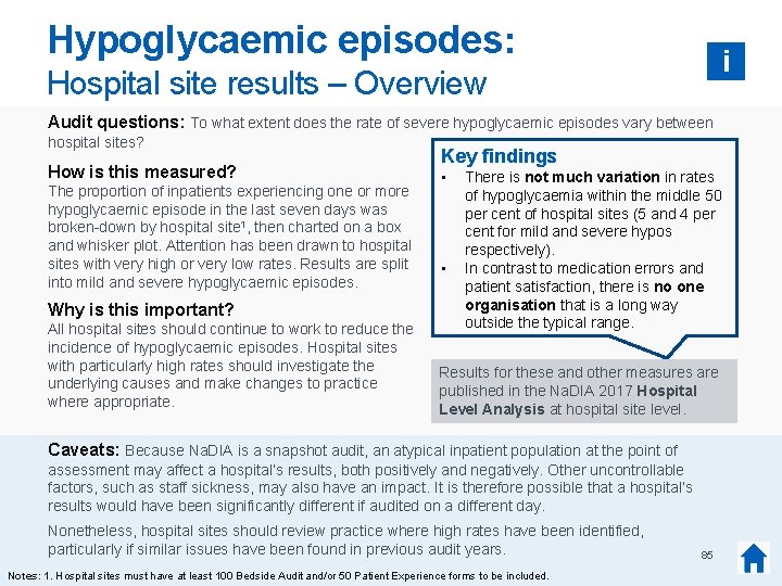Hypoglycaemic episodes: i Hospital site results – Overview Audit questions: To what extent does