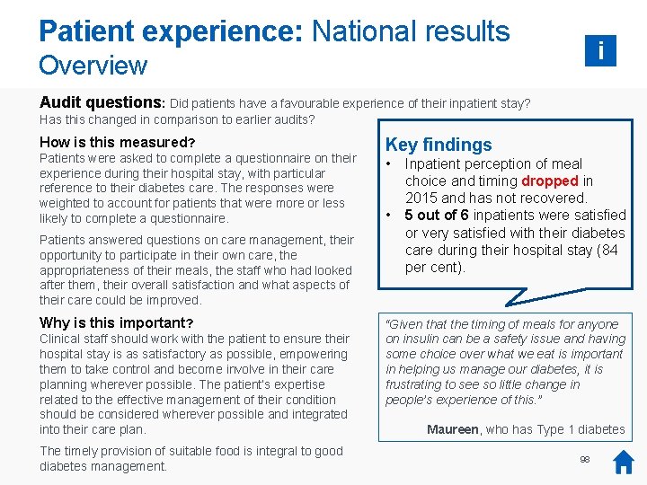 Patient experience: National results i Overview Audit questions: Did patients have a favourable experience