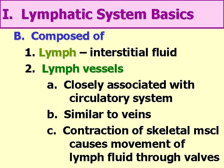 I. Lymphatic System Basics B. Composed of 1. Lymph – interstitial fluid 2. Lymph