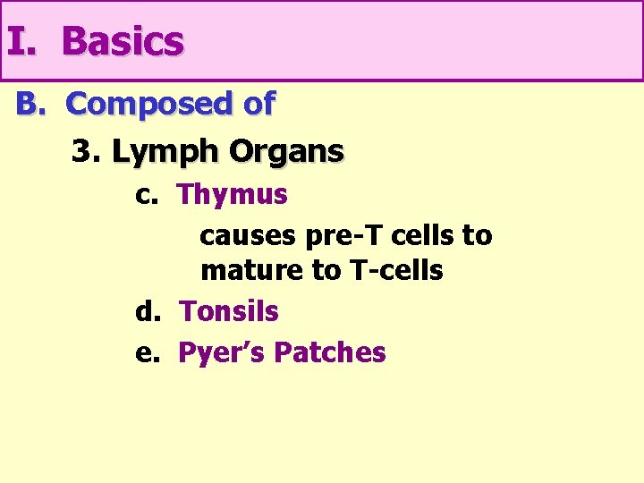 I. Basics B. Composed of 3. Lymph Organs c. Thymus causes pre-T cells to