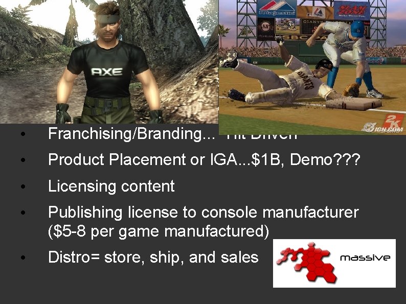 Publishing • Marketing/Promotion/Sales • Main Investors in game/Retain IP • Franchising/Branding. . . “Hit