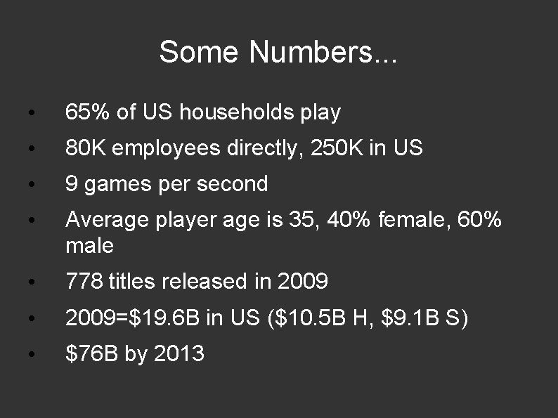 Some Numbers. . . • 65% of US households play • 80 K employees