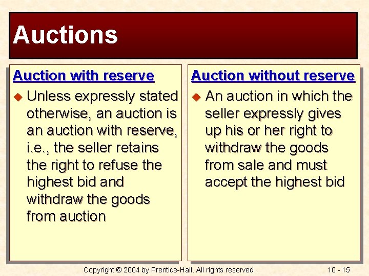 Auctions Auction with reserve Auction without reserve u Unless expressly stated u An auction