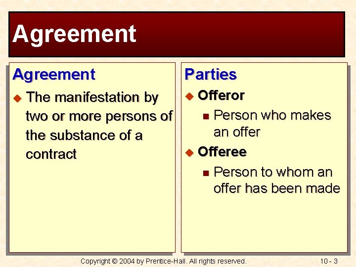 Agreement u The manifestation by two or more persons of the substance of a