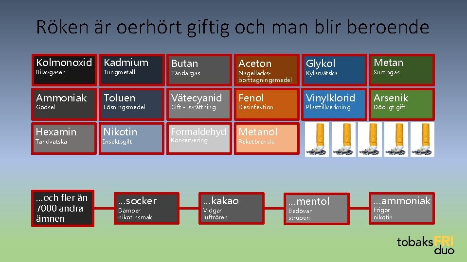 Röken är oerhört giftig och man blir beroende Kolmonoxid Bilavgaser Kadmium Tungmetall Butan Aceton