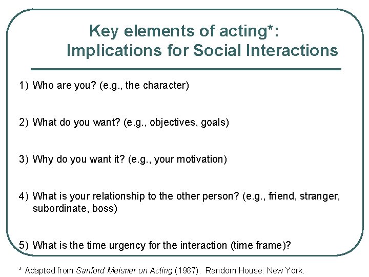 Key elements of acting*: Implications for Social Interactions 1) Who are you? (e. g.