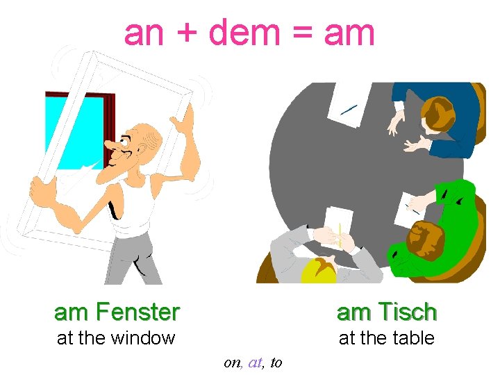 an + dem = am am Fenster am Tisch at the window at the