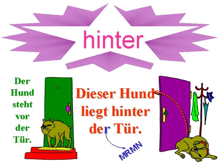 hinter Der Hund steht vor der Tür. Dieser Hund liegt hinter derr Tür. N