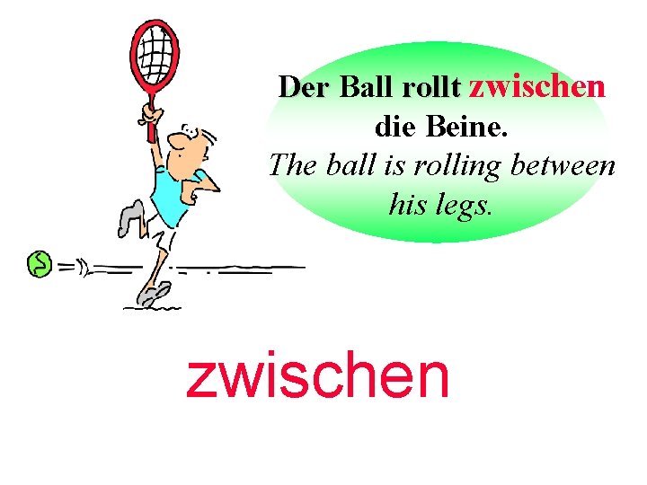 Der Ball rollt zwischen die Beine. The ball is rolling between his legs. zwischen