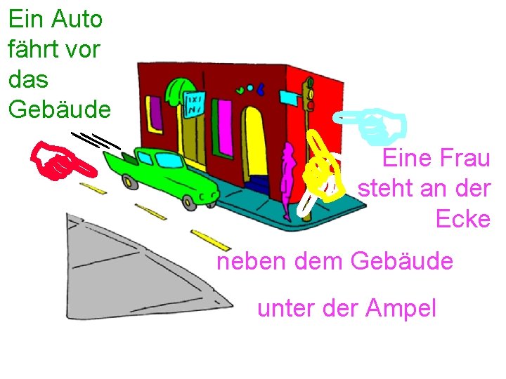 E F E E Ein Auto fährt vor das Gebäude Eine Frau steht an