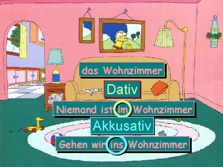 das Wohnzimmer Dativ Niemand ist im Wohnzimmer Akkusativ Gehen wir ins Wohnzimmer 