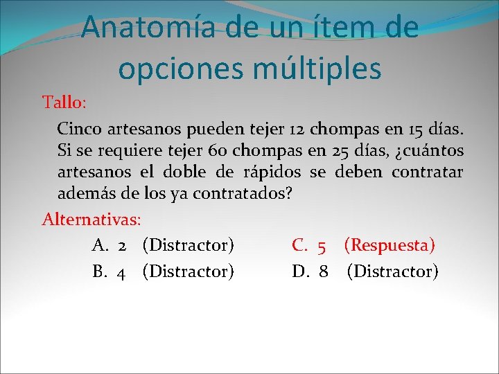 Anatomía de un ítem de opciones múltiples Tallo: Cinco artesanos pueden tejer 12 chompas