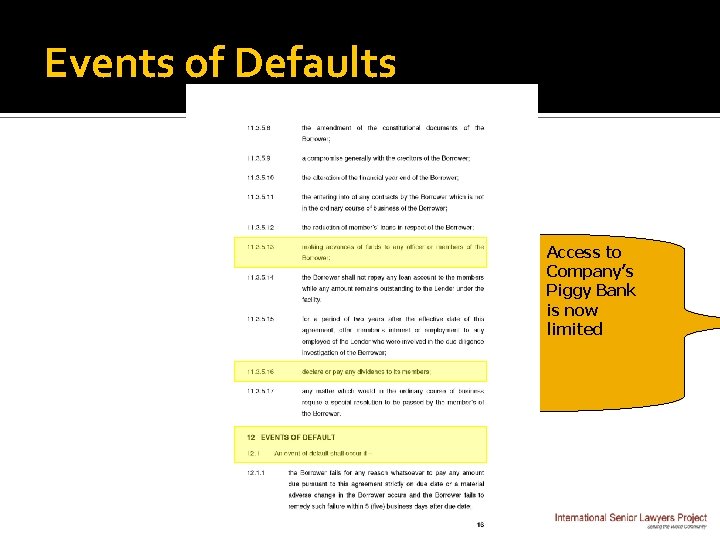 Events of Defaults Access to Company’s Piggy Bank is now limited 