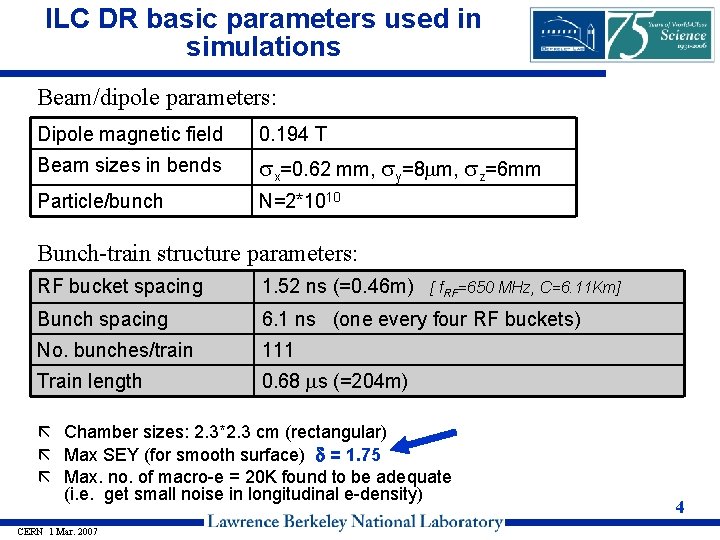 ILC DR basic parameters used in simulations Beam/dipole parameters: Dipole magnetic field 0. 194