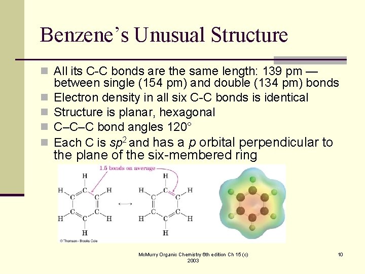 Benzene’s Unusual Structure n All its C-C bonds are the same length: 139 pm