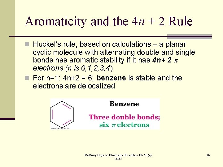 Aromaticity and the 4 n + 2 Rule n Huckel’s rule, based on calculations