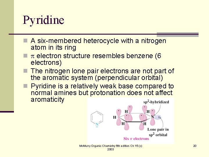 Pyridine n A six-membered heterocycle with a nitrogen atom in its ring n electron